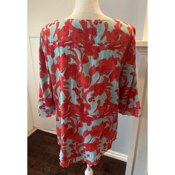 SOFT SURROUNDINGS Blouse Top M Blue Red Orange Floral Cotton Gauze Coastal - Picture 6 of 10